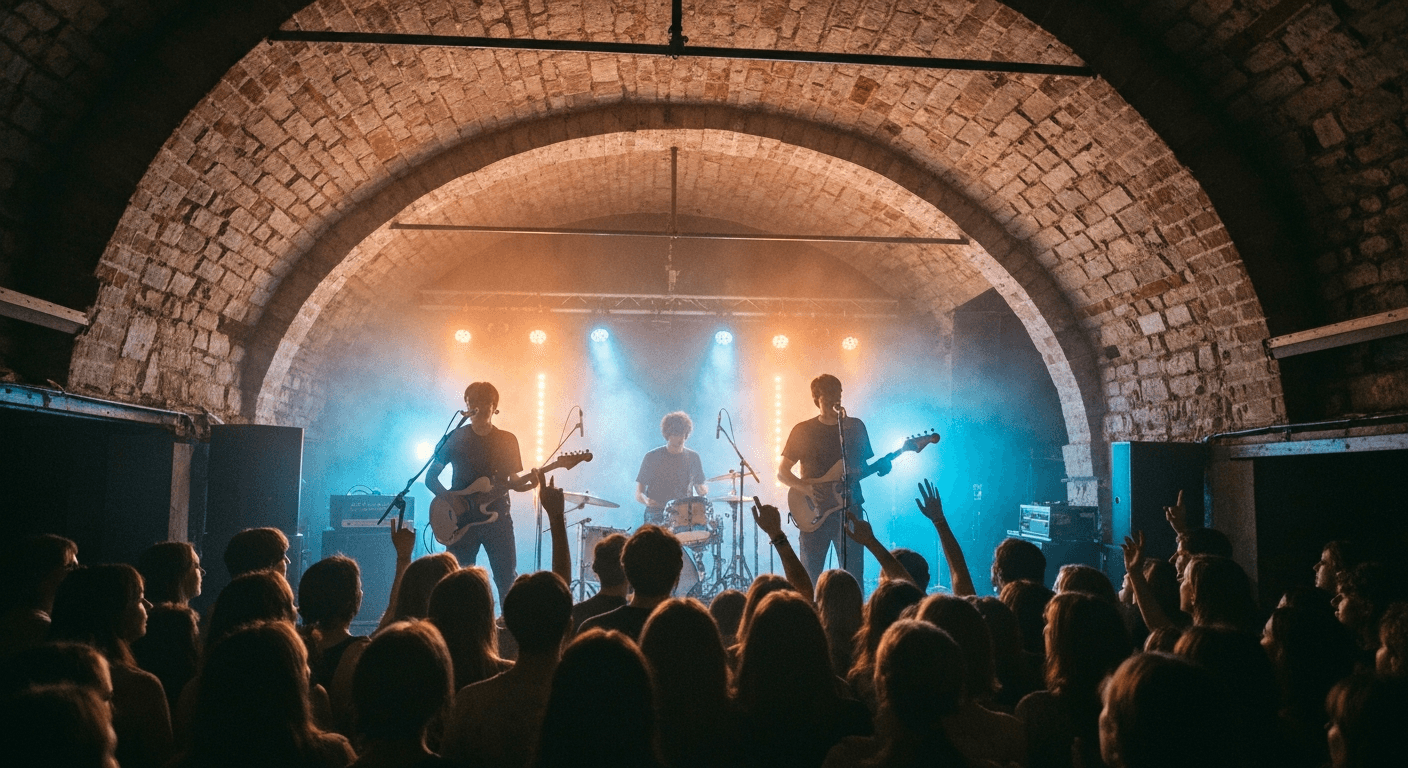 Live music performance inside a concert hall in Aberystwyth