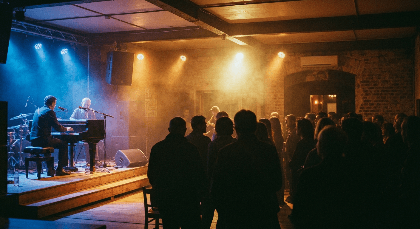 Live music performance inside a concert hall in Angers