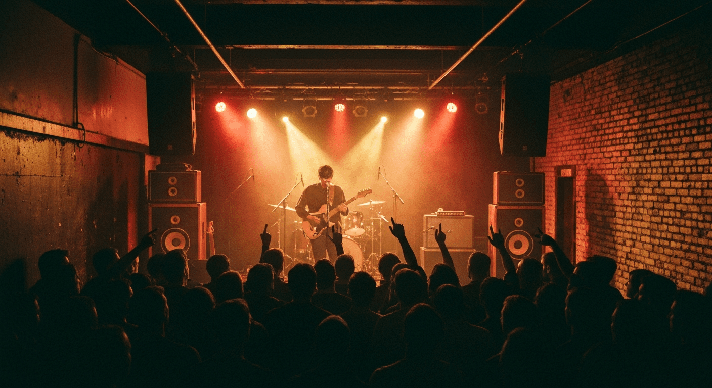 Live music performance inside a concert hall in Bedford