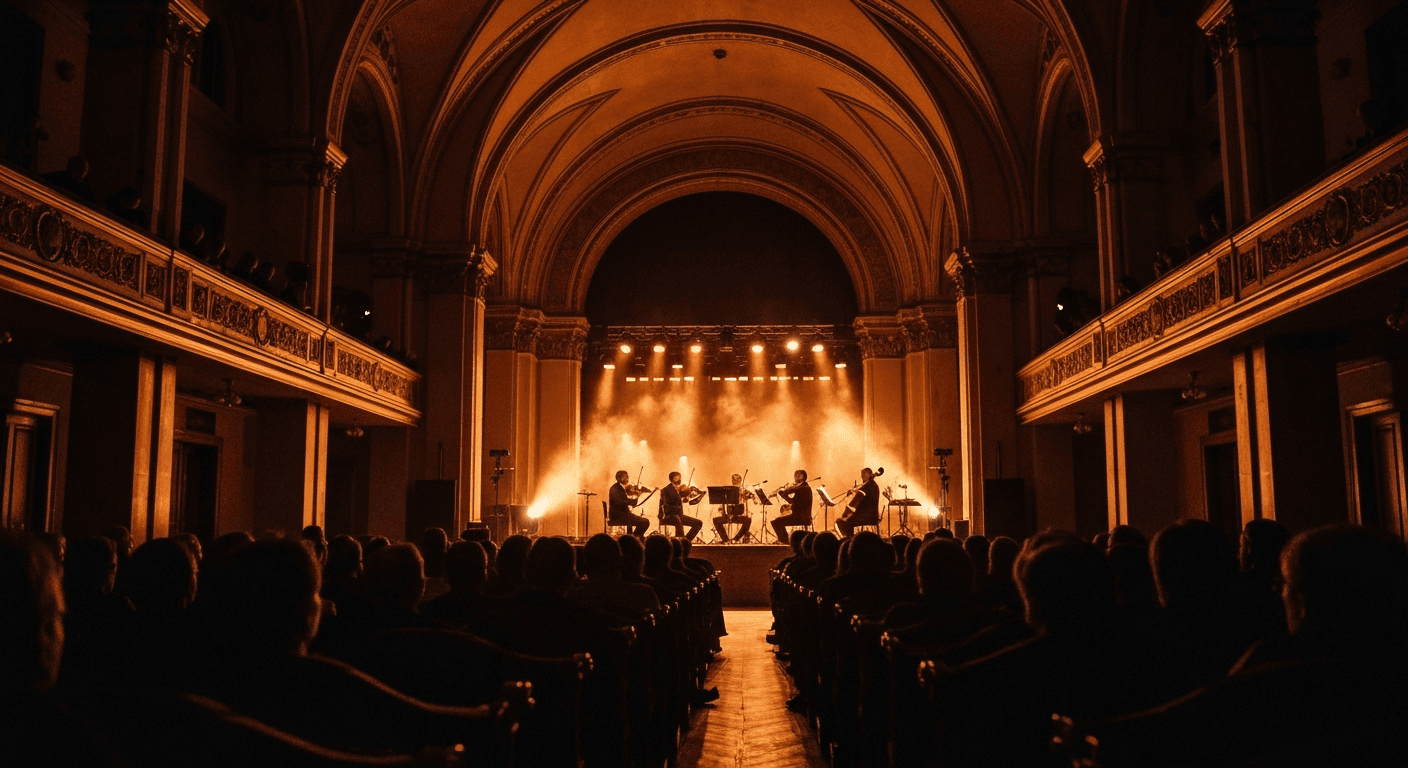Live music performance inside a concert hall in Budapest