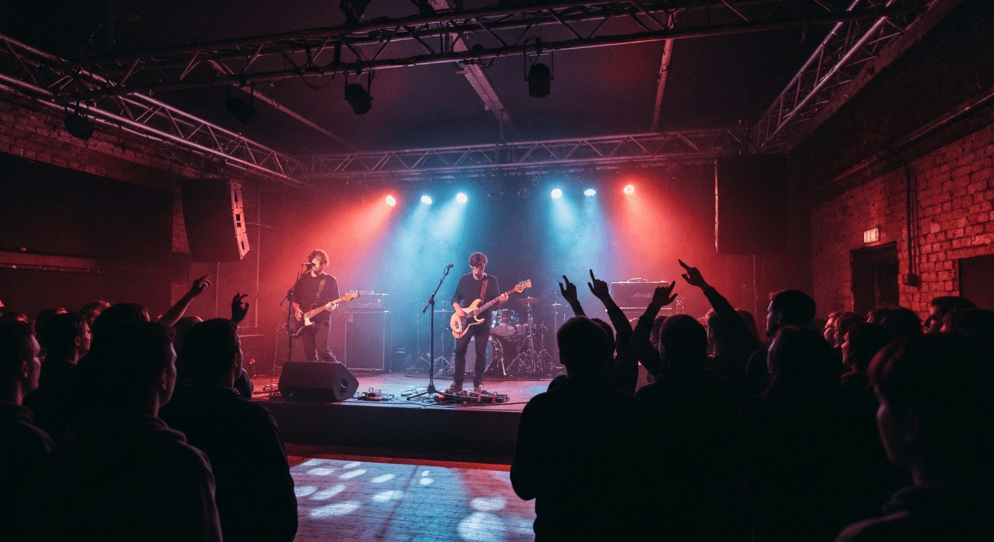 Live music performance inside a concert hall in Cardiff