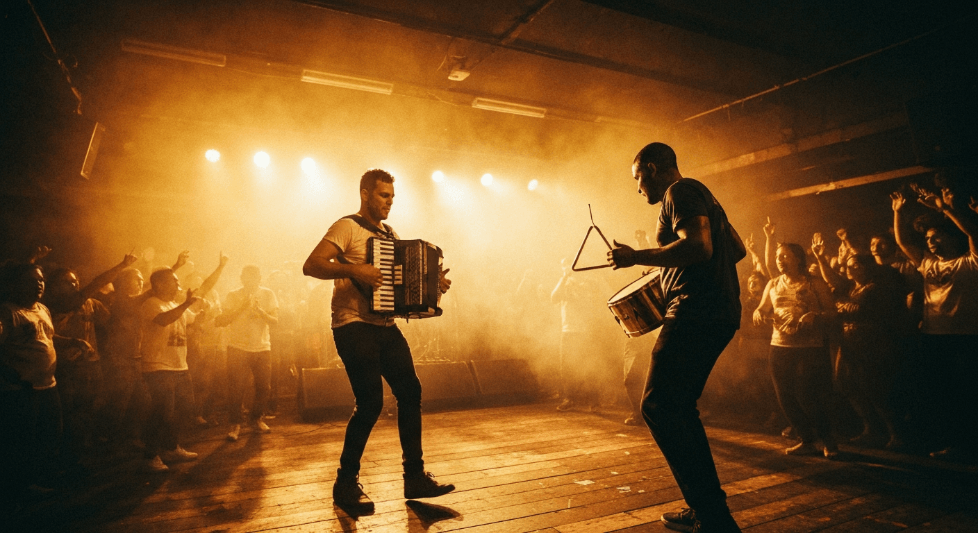 Live music performance inside a concert hall in Fortaleza