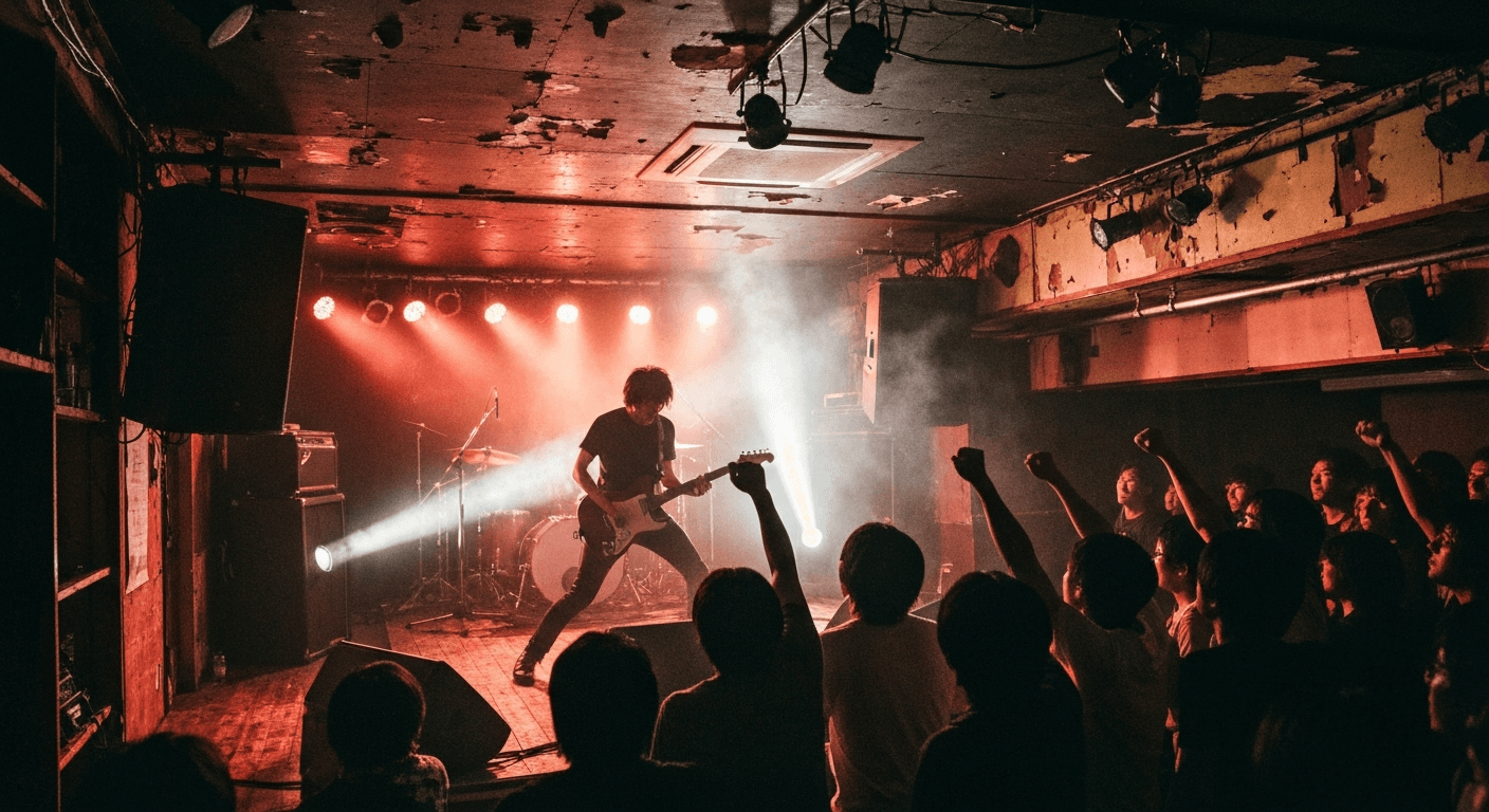 Live music performance inside a concert hall in Fukuoka