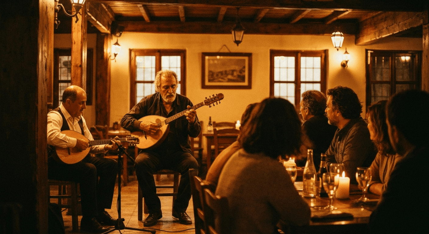 Live music performance inside a concert hall in Heraklion