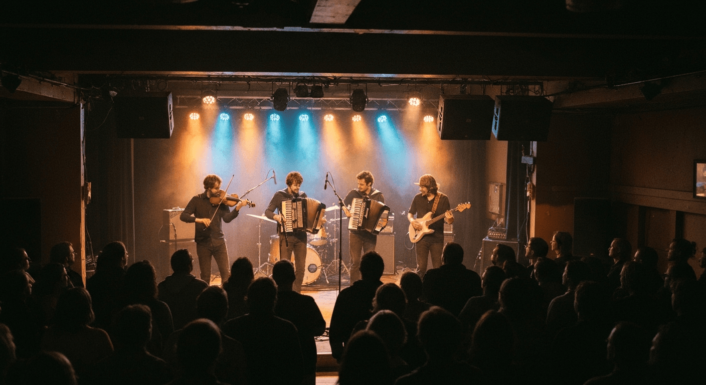 Live music performance inside a concert hall in Isle of Man