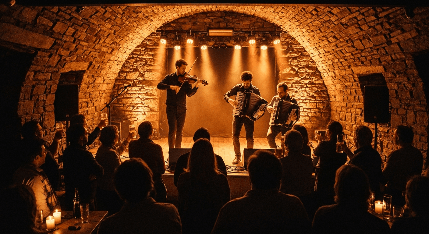 Live music performance inside a concert hall in Kirkwall