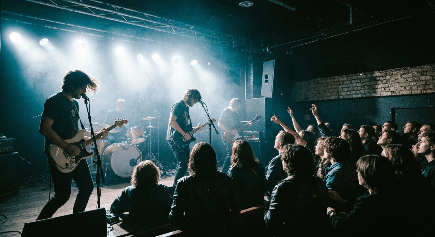 Live music performance inside a concert hall in Leeds