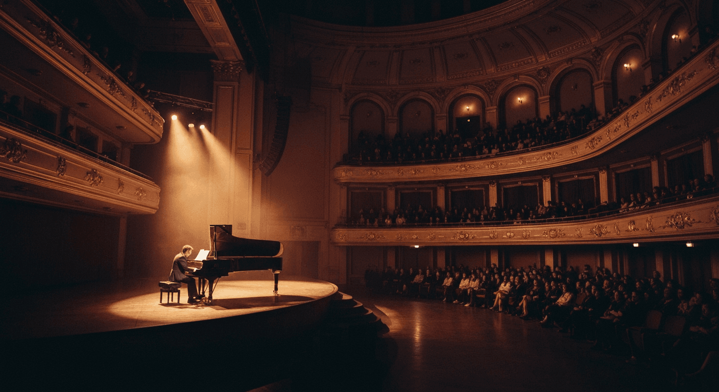 Live music performance inside a concert hall in Lodz