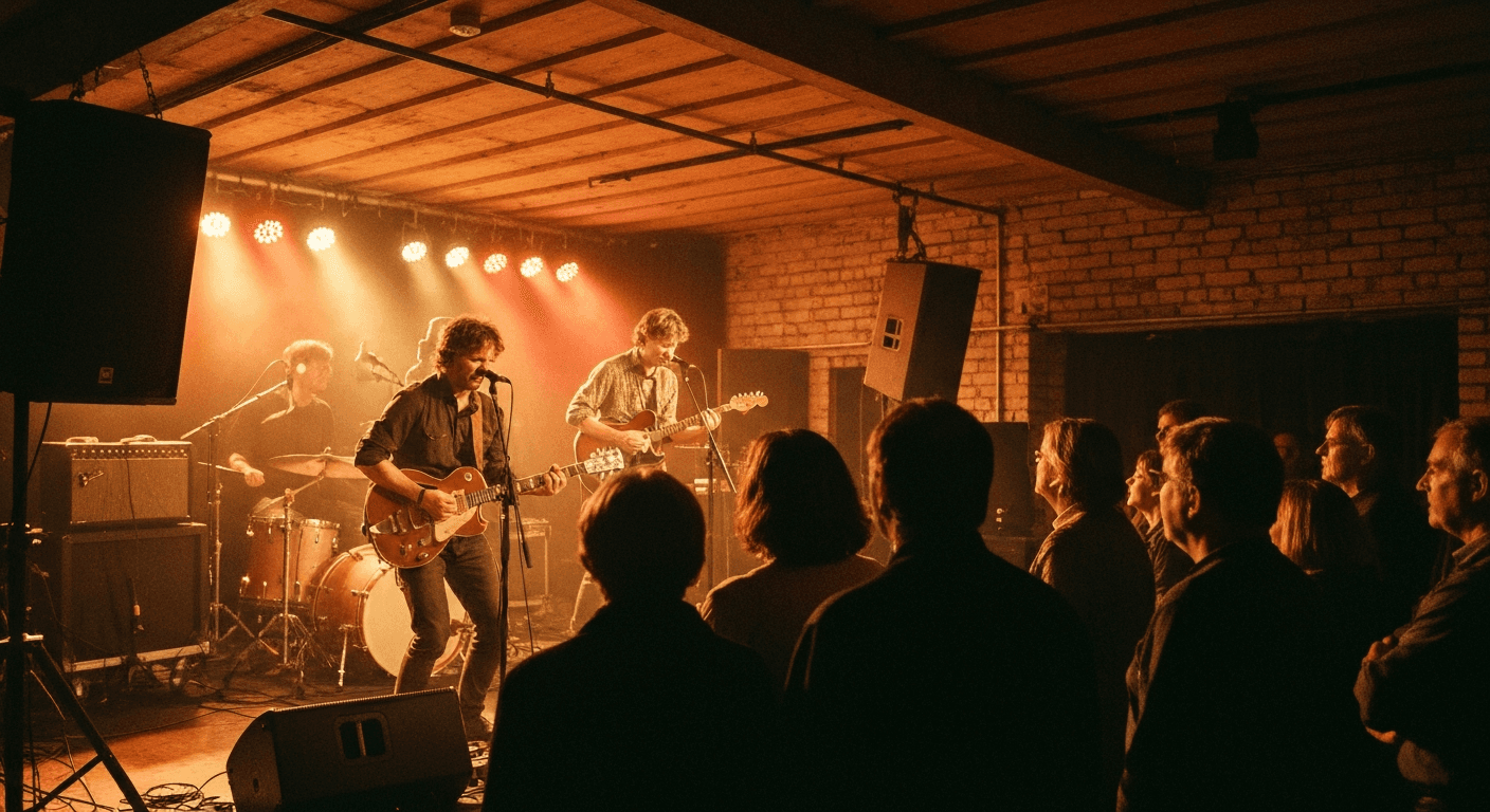 Live music performance inside a concert hall in Motala