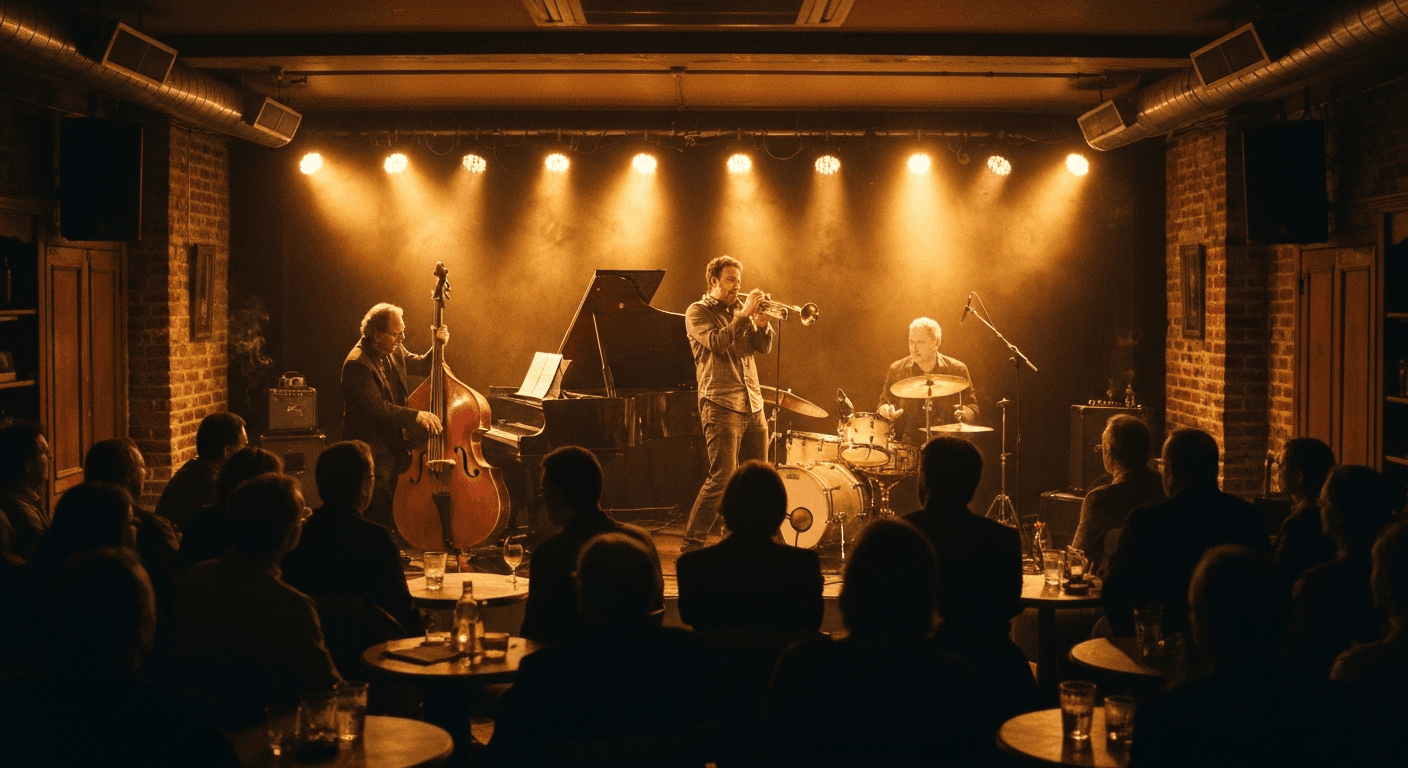 Live music performance inside a concert hall in Nice