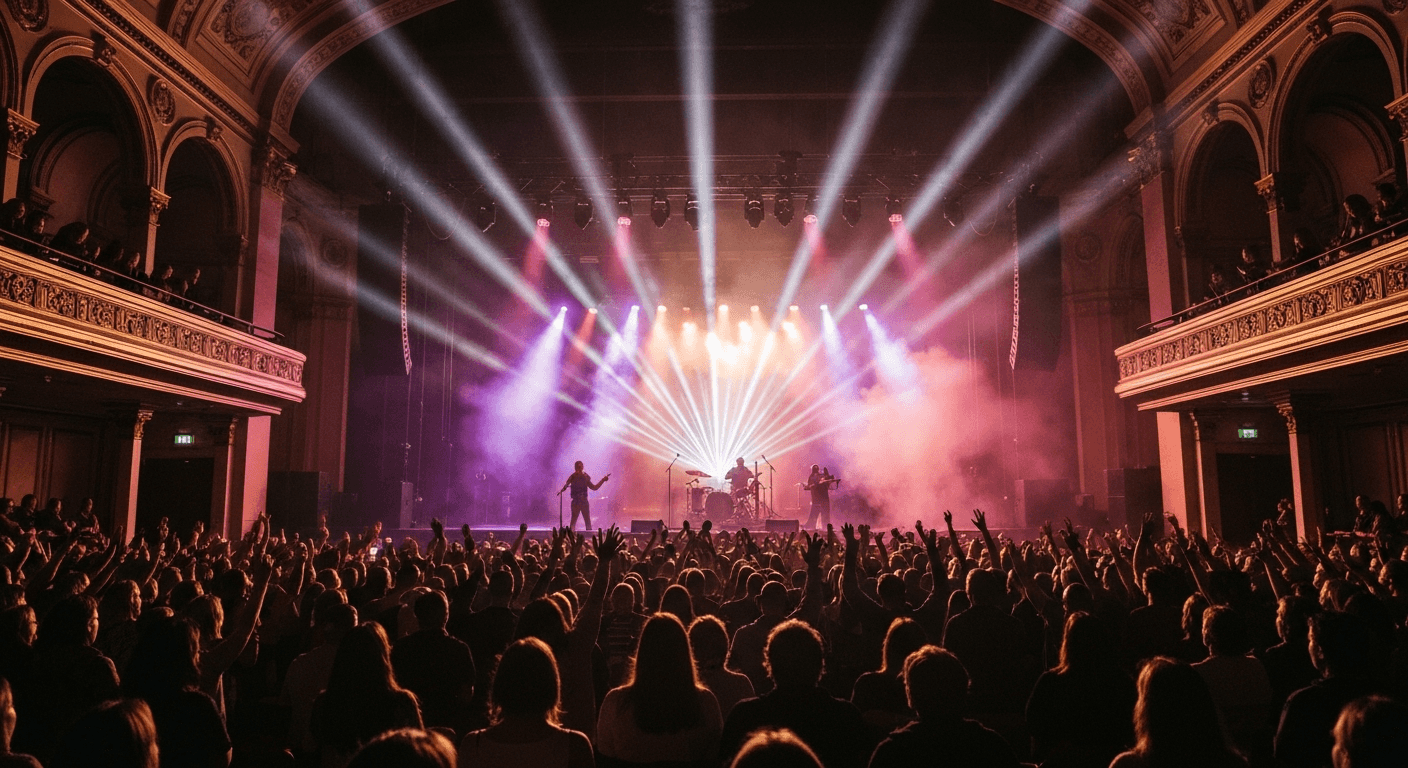 Live music performance inside a concert hall in Portsmouth