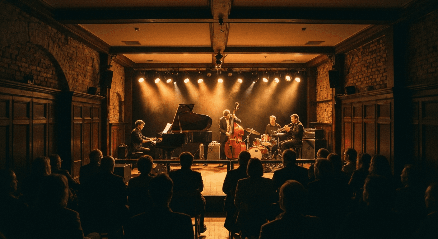 Live music performance inside a concert hall in Szczecin
