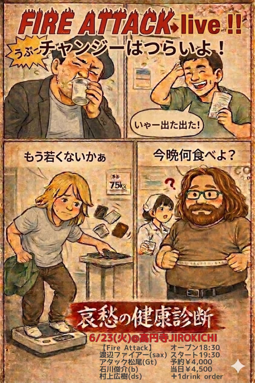 6月23日（火）FireAttack チャンジーはつらいよ『哀愁の健康診断』 予約（♪4000）当日（♪4500）