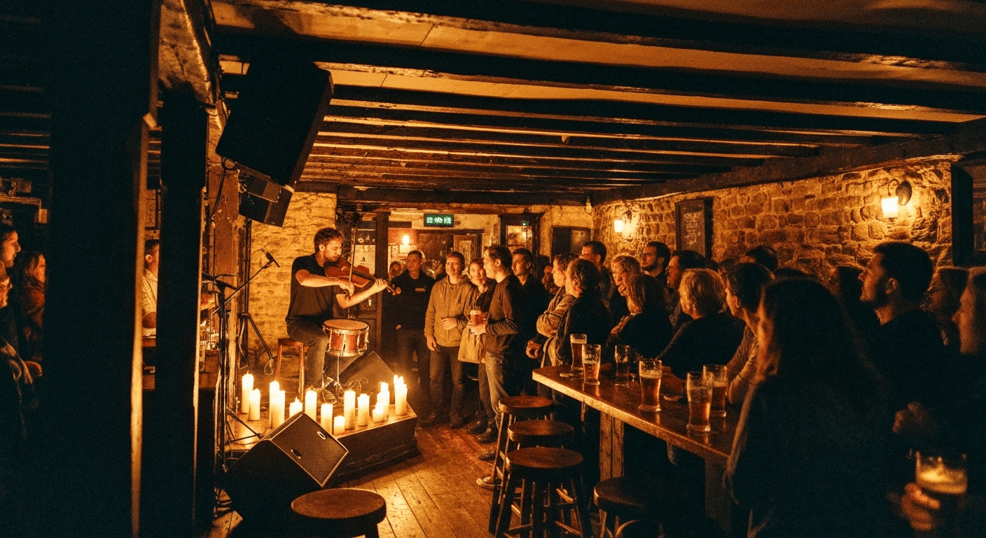 Live music performance inside a concert hall in Galway