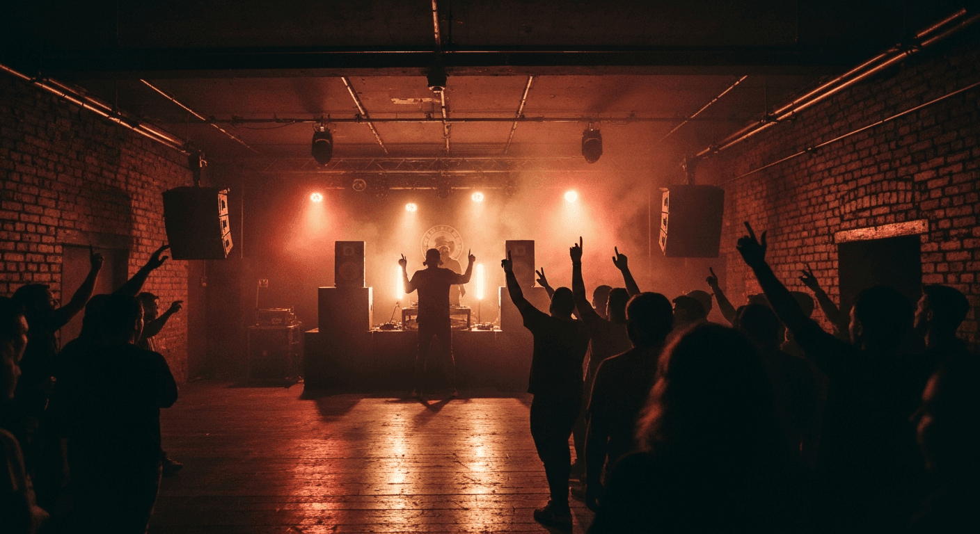 Live music performance inside a concert hall in Huddersfield