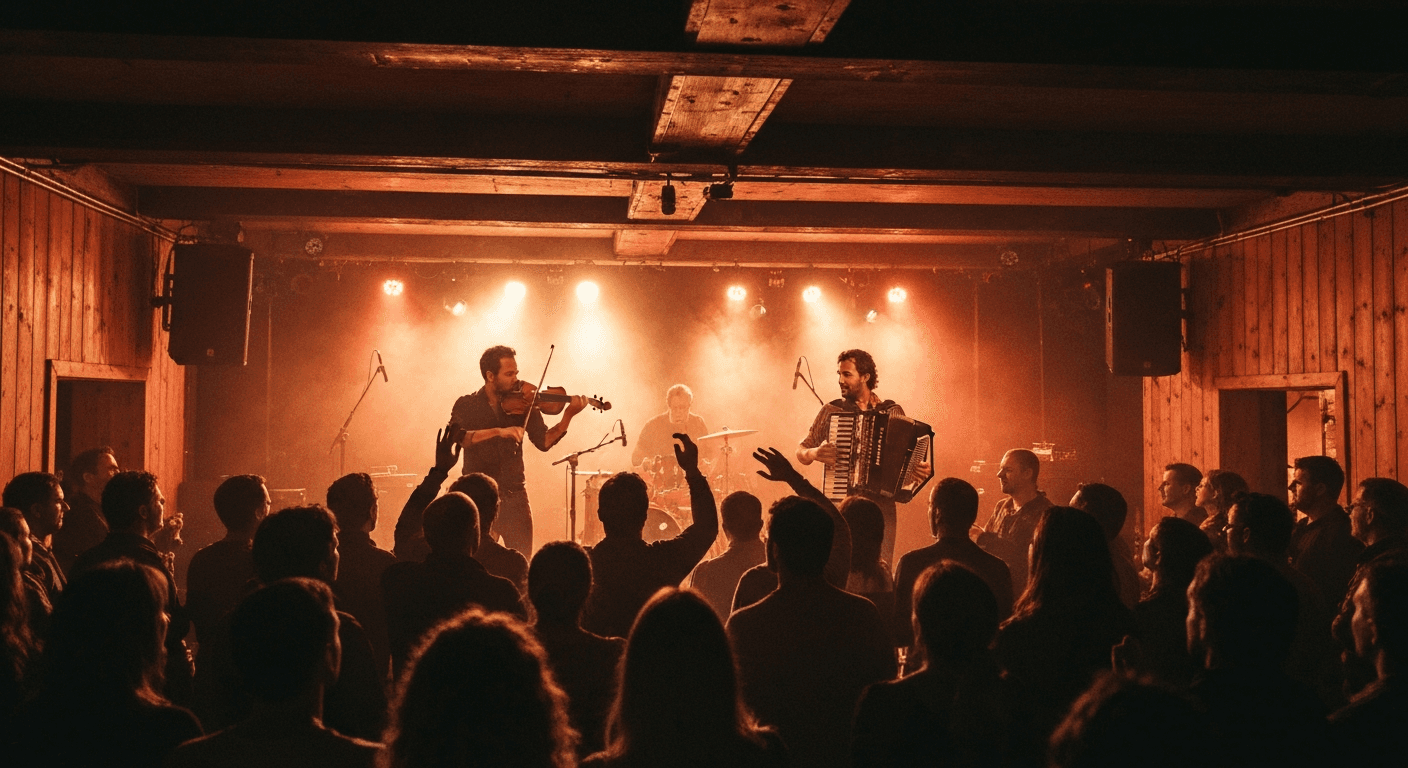Live music performance inside a concert hall in Mersin