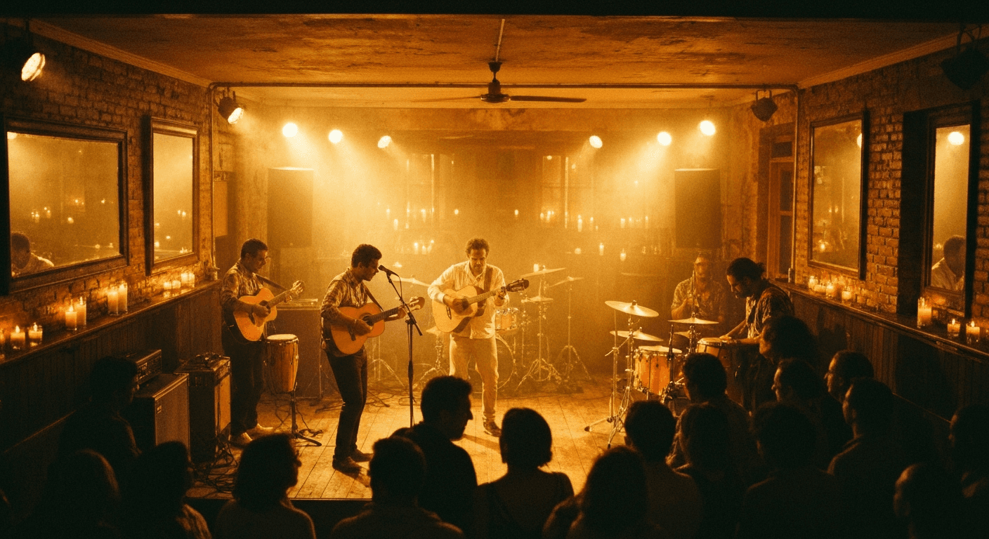 Live music performance inside a concert hall in Rio de Janeiro