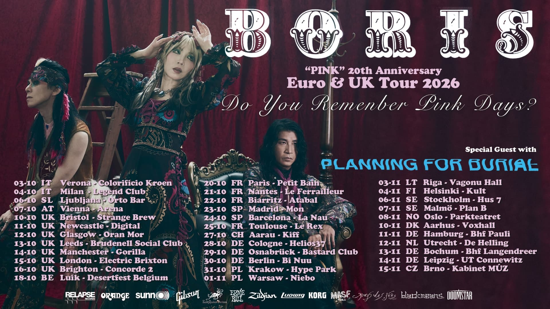 Boris (JPN) ”Pink” 20th Anniversary + special guest: Planning for Burial (US)